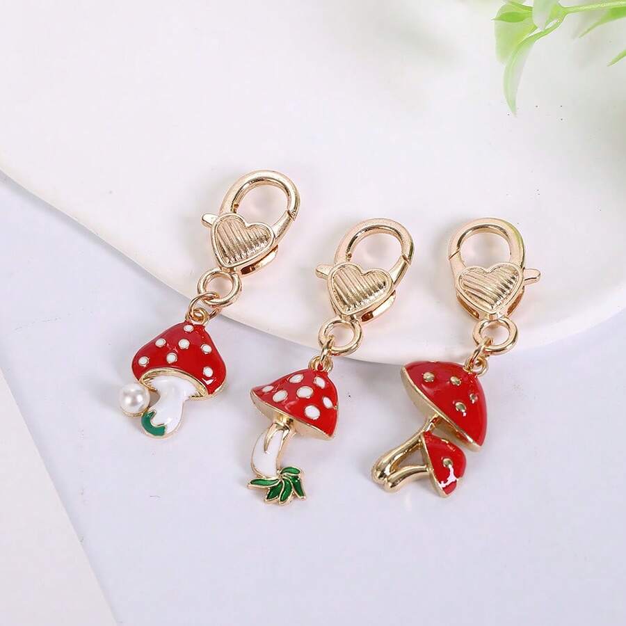 1pc Multi-Color 3D Alloy Drip Oil Mushroom & Heart Pendant Series, Creative Cartoon Keychain Charm Gift - Multicolor - View 1