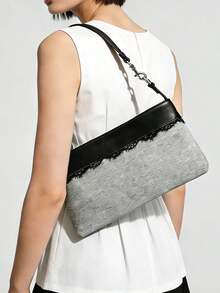 Korean Hieta Style Lace Patchwork Shoulder Bag, 2 Colors Faux Suede Blended Underarm Bag, Minimalist Elegant Daily Handbag - Multicolor - View 2