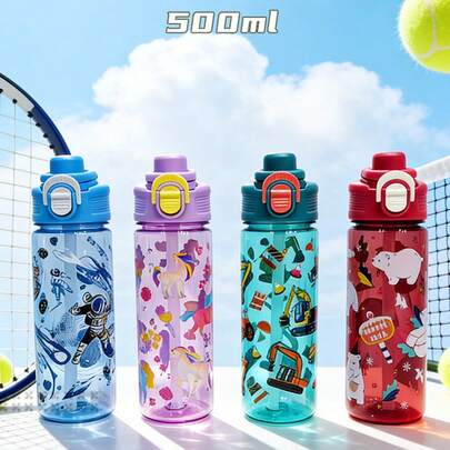 1 cốc nhựa hoạt hình 500ml có ống hút, bình nước di động và chống sốc dành cho trẻ em/trẻ nhỏ, thiết kế hoạt hình dễ thương trong suốt - Thích hợp cho trẻ mẫu giáo và tiểu học, nhà trẻ, trường học, sử dụng ngoài trời.