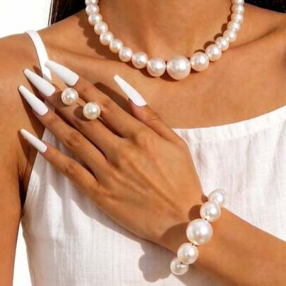 1 Necklace + 1 Bracelet + 1 Pair Earrings/Elegant Resin Round Faux Pearl Jewelry Set, Suitable As Daily Wear Gift For Women