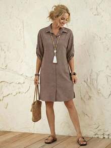 Women's Striped Roll-Tab Sleeve Front Button Shirt Dress For Vacation & Leisure - Marrón - Ver 5