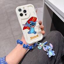Disney Has Authorized, Phone Case - Chain Set, The Stitch Lilo & Stitch Phone Case Plus A Silicone 3D Or Fluffy Style Stitch Bracelet With Metallic Ring Removable Bracelet, Stitch And Angel Pattern, Compatible With Iphone 17/16/15/14/13/12/11/XS/XR/X Plus Pro Max, Wavy Design Phone Case For Girl, A Stylish Cartoon Summer Phone Case, The Perfect Gift Choice, Phone Protection, Durable Phone Cover, Great Gift For Friends And Family - 白色款式B - 查看 1