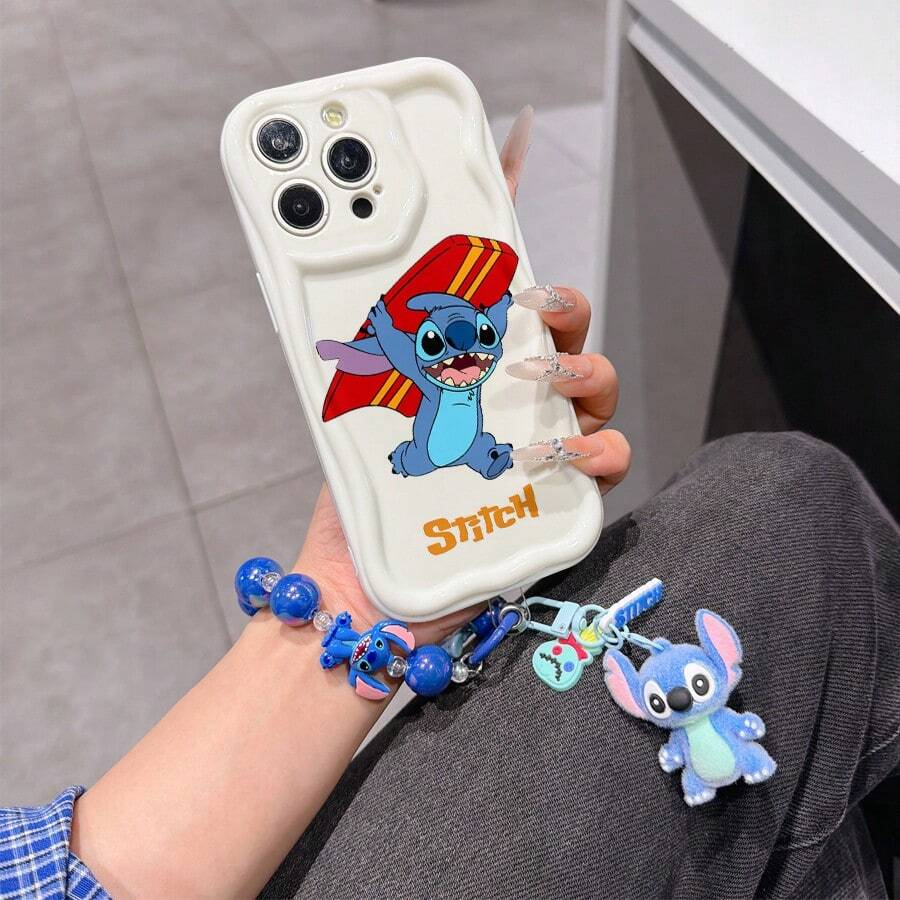 Disney Has Authorized, Phone Case - Chain Set, The Stitch Lilo & Stitch Phone Case Plus A Silicone 3D Or Fluffy Style Stitch Bracelet With Metallic Ring Removable Bracelet, Stitch And Angel Pattern, Compatible With Iphone 17/16/15/14/13/12/11/XS/XR/X Plus Pro Max, Wavy Design Phone Case For Girl, A Stylish Cartoon Summer Phone Case, The Perfect Gift Choice, Phone Protection, Durable Phone Cover, Great Gift For Friends And Family - 白色款式B - 查看 1