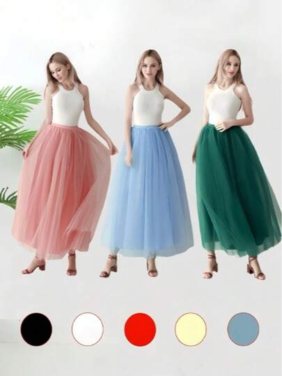 A Women's High-Waisted Long Lake Blue, Pink, Dark Green, Blue-Gray, Black, White, Red, Rose Red, Royal Blue, Yellow Long Skirt, Solid Color Fluffy Tutu Skirt, Half-Slip, Petticoat, Princess Skirt, Puffy Skirt, 4 Layers Of Mesh Plus 1 Layer Of Lining, Boneless Petticoat, Dress Petticoat, Festival Decoration Skirt, Stage Banquet Performance Skirt, Summer Mesh Skirt, Cosplay Decoration Skirt