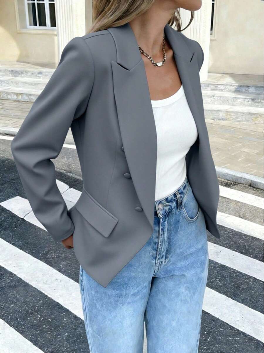Women's Double-Breasted Lapel Blazer, Maxi Tailored Jacket With Button, Cinched Waist, . - 灰色 - 查看 1