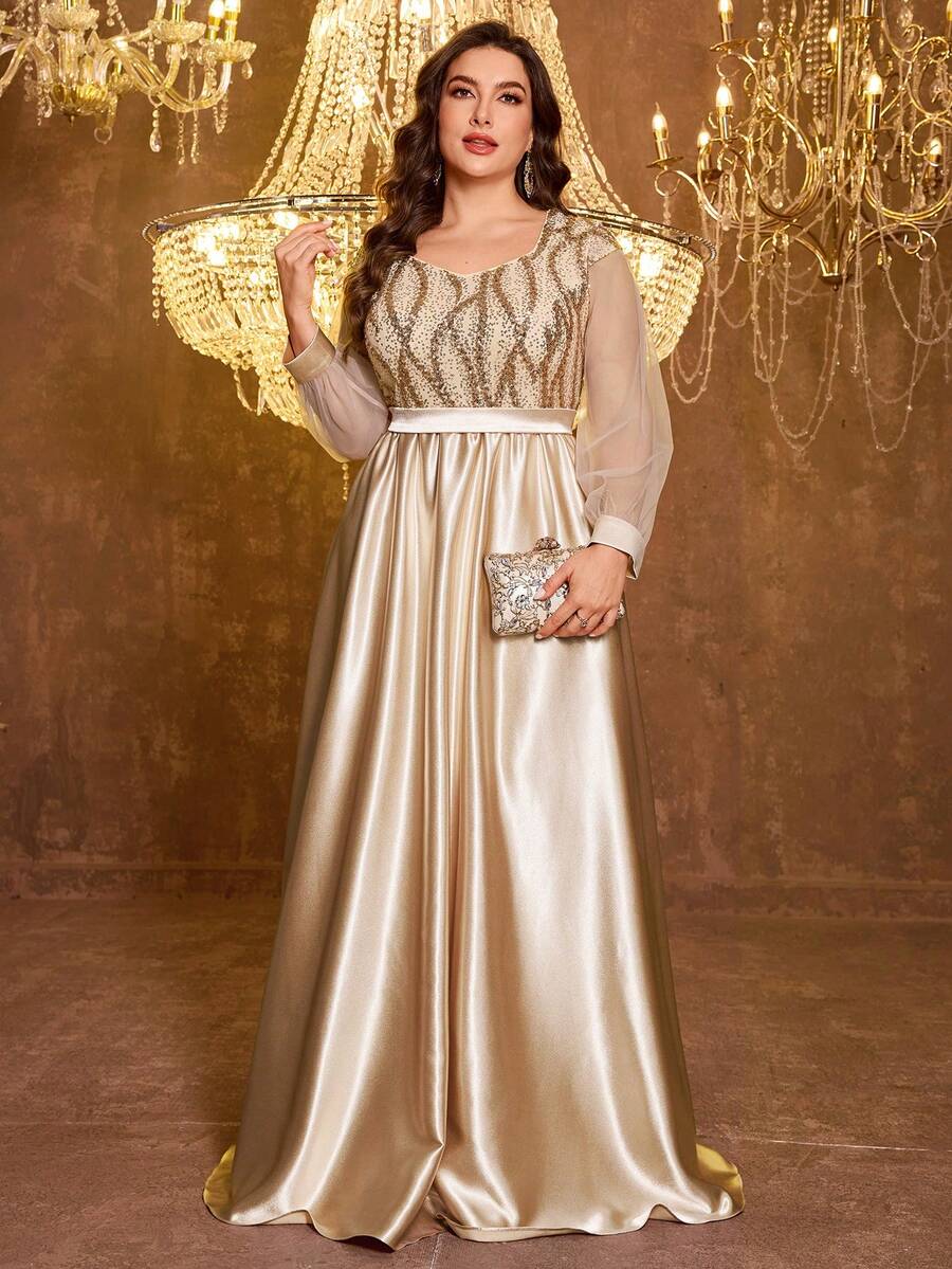 hezixi High Quality Stretchy Sequin V-Neck Puff Sleeve Fitted Mermaid Hem Design Plus Size Elegant Luxury Women Long Dress, Enhances Youthful Charm, Suitable For Parties, Graduations, Weddings, Events, Galas And Balls, Women's Formal Ball Gown (Deluxe Edition) Party - 香檳色 - 查看 1