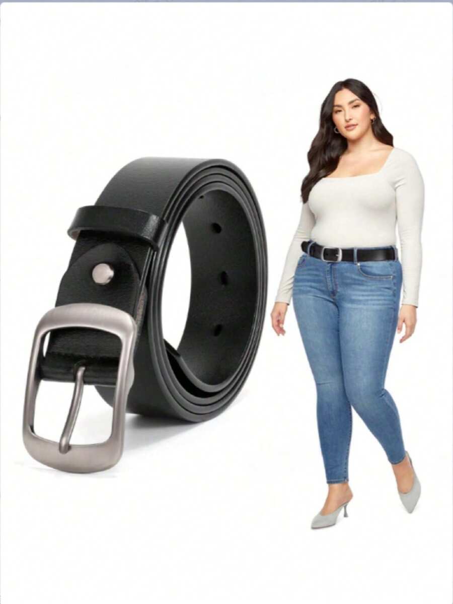 1pc Plus Size Women's Solid Color Minimalist Silver Buckle PU Leather Belt, Suitable For Pairing With Various Pants - Black-a - View 1