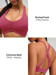 NcmRyu 1pc Women Solid Color Ruched Criss-Cross Backless Sports Crop Top - Hot Pink - View 4