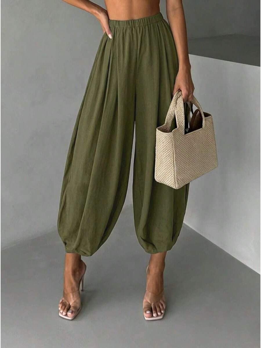 Women Harem Pants Elastic High Waist Loose Casual Wide Leg Tapered Ankle Pants Lightweight Lounge Pants - 橄欖色 - 查看 1