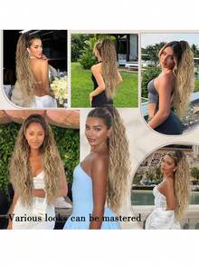 28 Inch Long Wavy Curly Ponytail Clip-In Hair Extensions, Multi-Layer Heat Resistant Synthetic Fiber, Wavy Curly Heat Resistant Fiber Wig, Unisex, Easy To Wear, Black Brown Long Extensions, Suitable For Parties And Daily Styling, Suitable For All Skin Tones, Basic Style, High Temperature Fiber, Natural Appearance - Beige Ombre - View 7