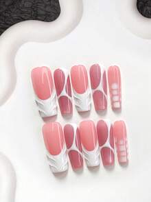 10pcs Minimalist Polygel Nail Art Set, Acrylic Nail Stickers, Hand-Painted Solid Waves, Asymmetrical White Stripes, Light Pink Cat Eye Nail Polish, White Zebra Print, Sweet French Style, Suitable For Women And Girls, Includes Nail Tools (1 Jelly Sticker + 1 Nail File), 3 Sizes Available: Almond, Duck Mouth, Coffin - Multicolor - View 14