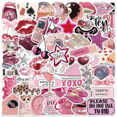 55 miếng dán màu hồng phong cách Y2K, decal thời trang sáng tạo, hình dán graffiti chủ đề disco, môi và quả anh đào, phong cách preppy dễ thương dùng trang trí ốp điện thoại, đàn guitar, ván trượt, laptop, hành lý, đồ thủ công DIY, sổ lưu niệm.