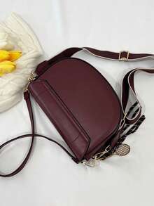 ZA New Autumn Women's Burgundy Saddle Bag, Contrast Stitching Design, Top Handle Shoulder Crossbody Flap Rigid Bag - Red - View 9