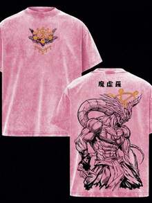 2026 Heavy-Duty Washed Cotton Men's Anime T-Shirt, Double-Sided Dark Magic Void Anime Pattern T-Shirt, Retro Comic Streetwear, Fashion Item For Otakus - 玫紅色 - 查看 8