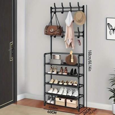 5-Tier Metal Clothes Rack And Shoe Rack With 8 Hooks - Black, Suitable For Bedroom - Durable Metal Construction, Multifunctional Door Organizer, Freestanding Wardrobe Hanger, Multi-Layer Indoor Shoe Rack, 3-In-1 Space-Saving Storage Rack For Bedroom, Living Room, Hallway, Can Be Used As Hat Rack, Shoe Rack, Portable Wardrobe, Luggage Organizer, An Ideal Multifunctional Storage Solution For Clothes And Shoes