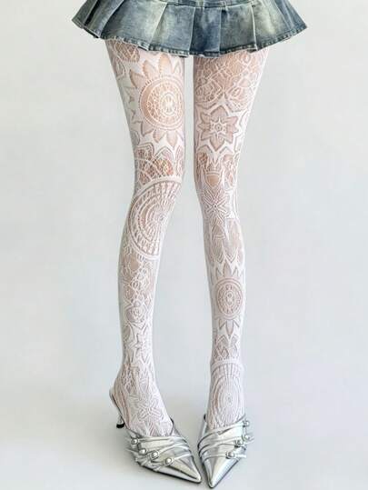 A White Sexy Hot Girl Punk Gothic Subculture Lace Hollow Totem Fashionable Fishing Net Pantyhose Suitable For Daily Dates, Parties, Vacations