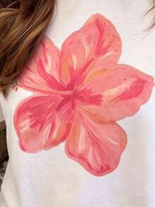 White Acid Wash Hibiscus Print Loose Round Neck T-Shirt For Women, Suitable For Summer Beach Vacation Casual - White - View 3