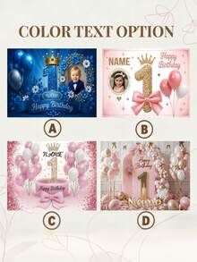 Customizable Name Photo 1st Birthday Backdrop With Pink And Blue Balloons, Flowers, Gold Glitter, Crown, Hearts, Bows, And Ribbons, 1st Birthday Parties, Baby Showers, Birthday Gifts, Cake Table Backdrop, Photo Banner, Vinyl, Celebration Decor - Multicolor - View 3