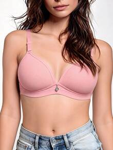 1pc Women's Comfortable Breathable Wireless Soft Cup Solid Color Bra - Pink - View 5