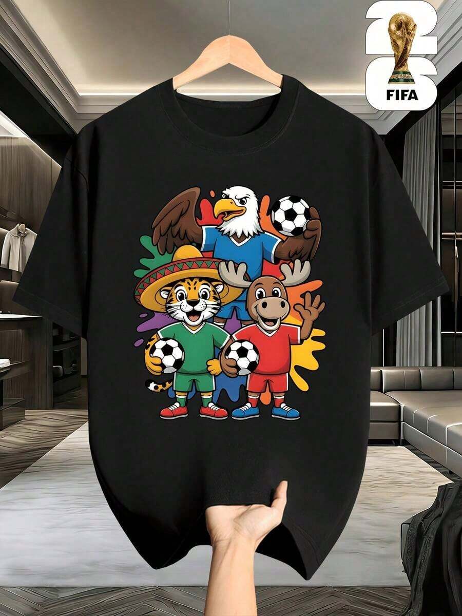 1 pieza, Camiseta de fútbol de manga corta% de la Copa de los Estados Unidos/Canadá de la 2026 para hombres y mujeres, estampado geométrico, camiseta versátil de cuello redondo para hombre, adecuada para uso diario y actividades al aire libre, un gran regalo para los fans del fútbol - Negro - Ver 1