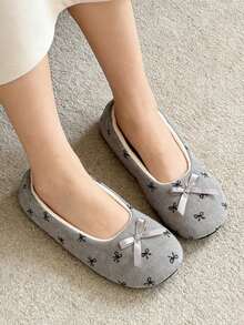 Women's New Solid Color Ballet Flats, Corduroy Material With Bow Decor, Indoor Comfortable Quiet Non-Slip Soft Bottom Fluffy Slip-On Slippers - Dark Grey - View 3