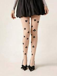 1 pieza Medias ligeras de efecto de piernas desnudas para primavera/verano | Patrón de corazón de póker | Estilo minimalista y sexy | Medias transparentes versátiles para mujer - Multicolor - Ver 7