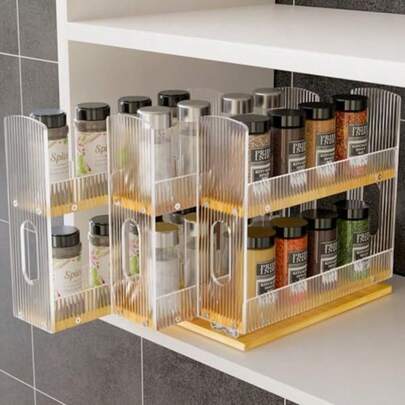 Bamboo Pull-Out Spice Rack Organizer For Cabinet 3-Drawer Vertical Slide Out Seasoning Rack Storage Shelf For Kitchen Pantry Bamboo Frame With Wave-Pattern Acrylic Divider 8.5" Wide 2-Tiergift