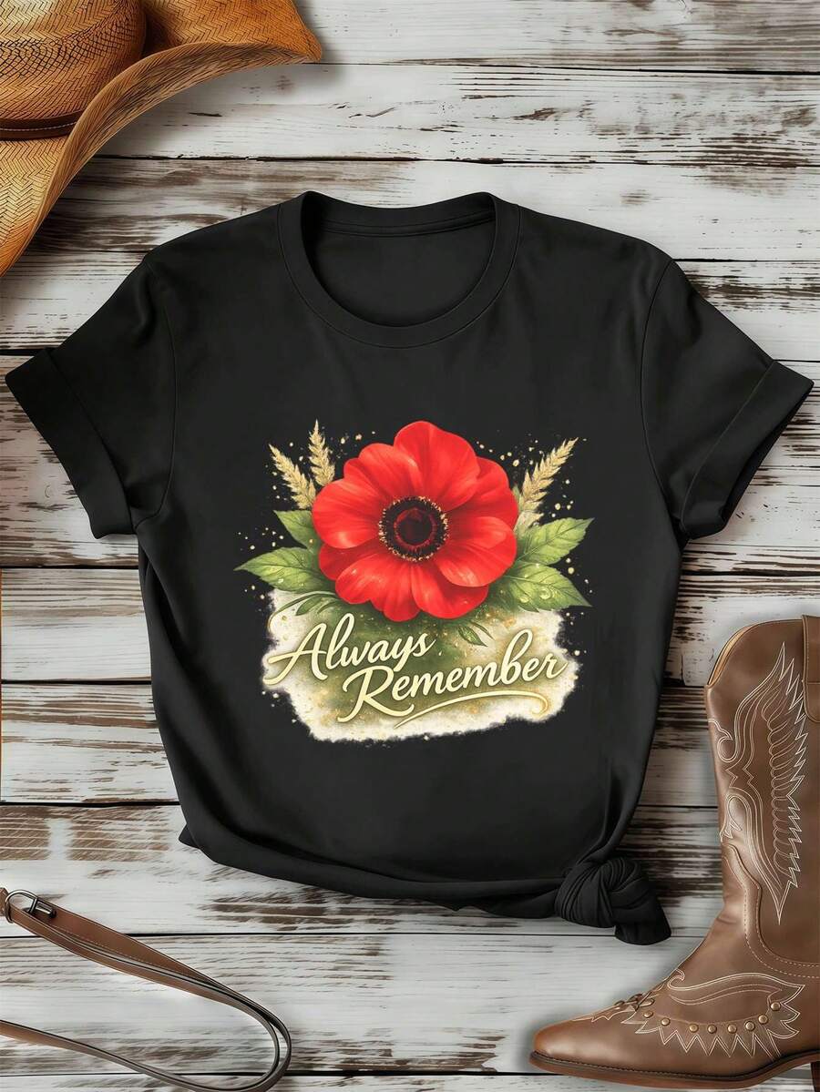 Always Remember Poppy Spring Graphic T-Shirt, Premium Cotton, Graphic Design, Street Hip-Hop, Breathable - Black - View 1
