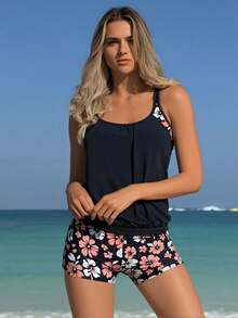 Women's Tankini Swimsuit Set, Two-Piece Tummy Control Design With Blouson Top And Matching Shorts - 14 - View 1