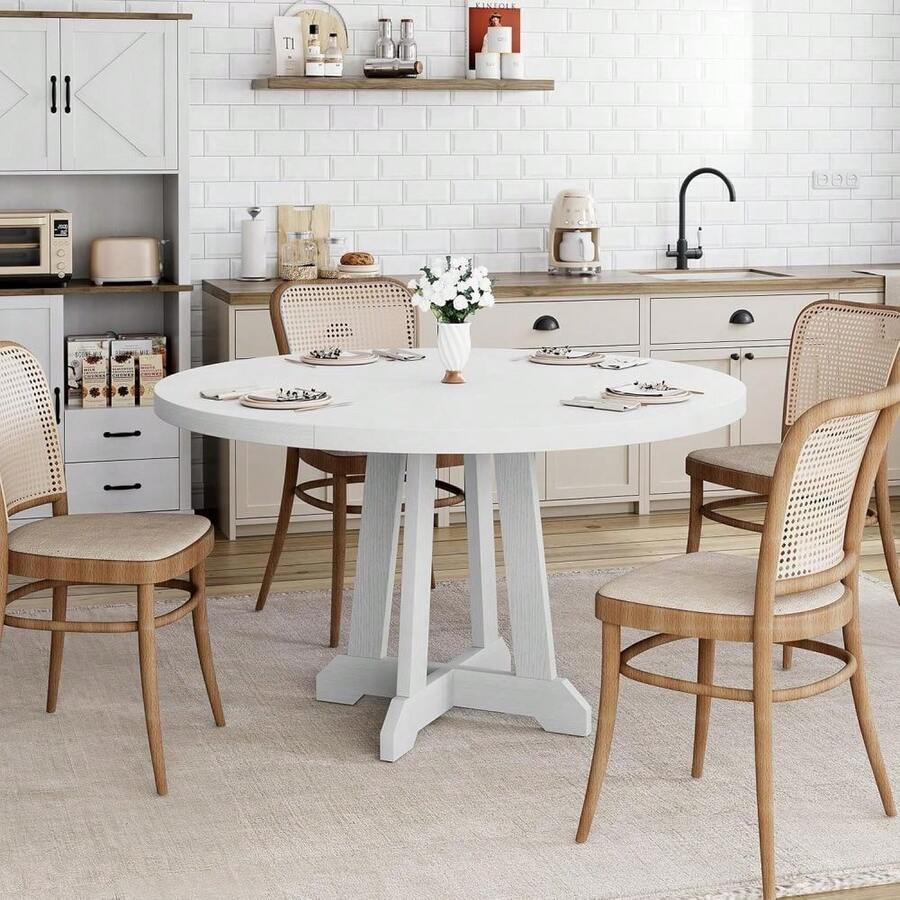 Mesa de comedor redonda moderna de 47 pulgadas para 4-6 personas - Base de pedestal de madera, tablero circular que ahorra espacio, mueble resistente para sala y cocina - Marrón/Blanco - Blanco veteado de madera - Ver 1