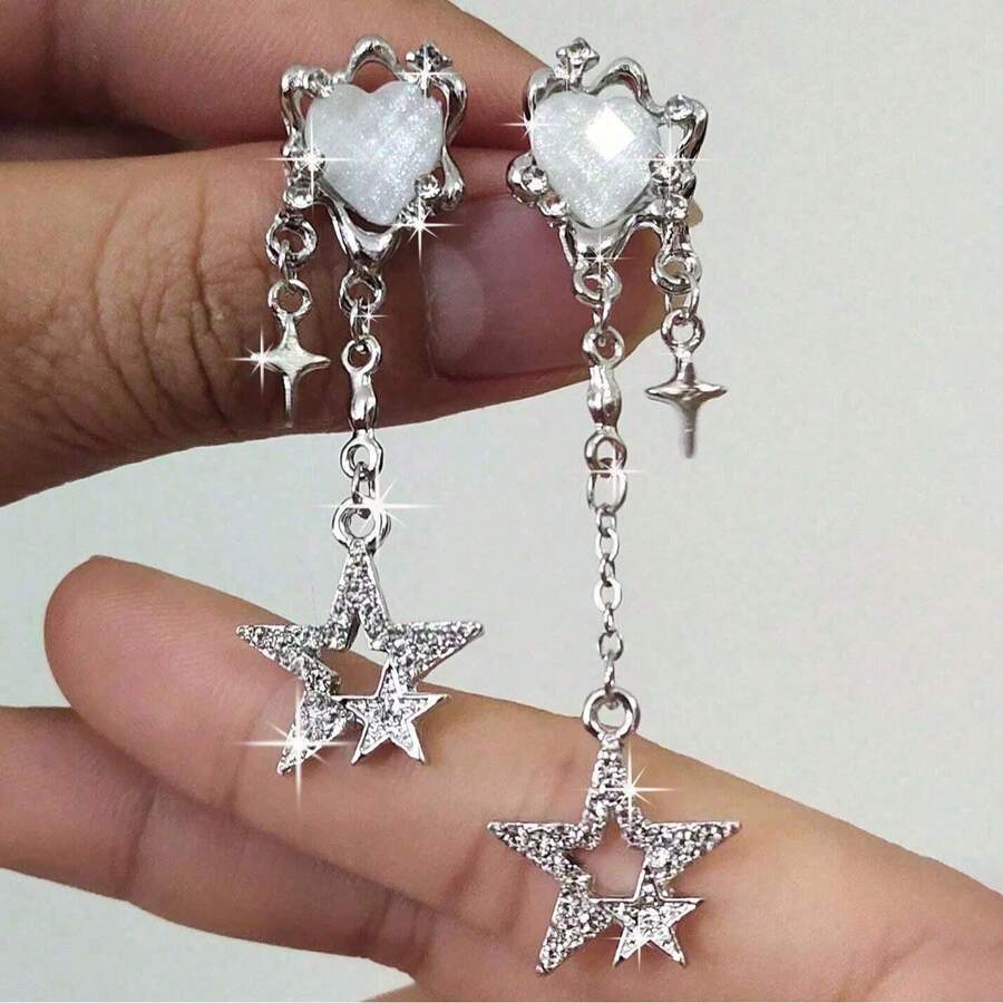 创意复古设计感女式裂纹链Y2K心形钻石星星大小星星耳环甜美酷女孩流苏耳钉 - 銀色 - 查看 1