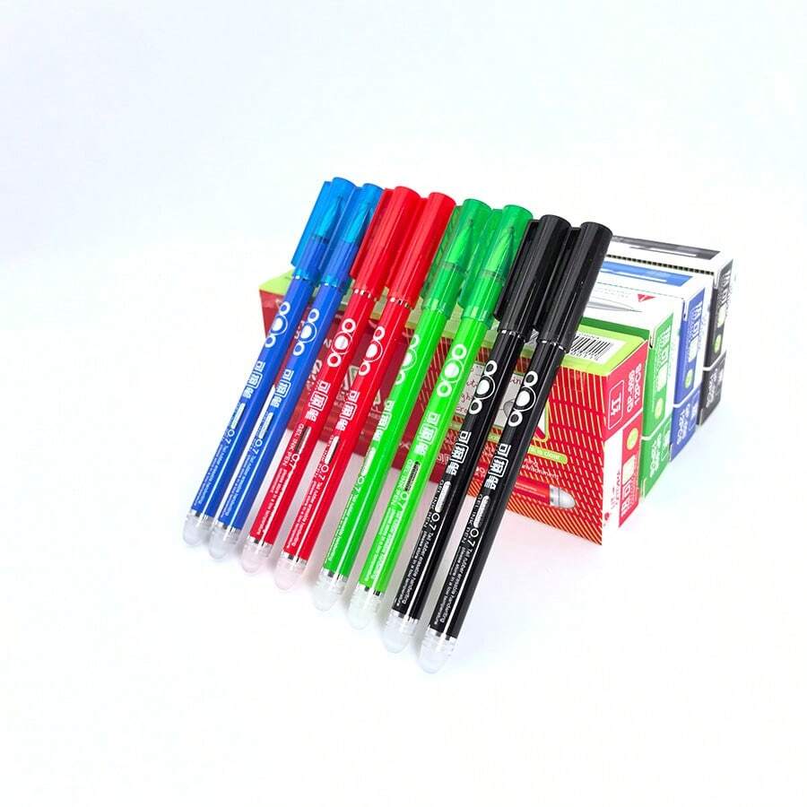 4支0.7毫米可擦圆珠笔，采用可水洗墨水，颜色分别为黑色、蓝色、红色和绿色。这些笔拥有流畅的子弹头笔尖，可用热风擦除，非常适合办公和学校美术用品。