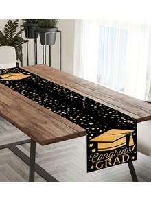 1pc 71x14 Inch Black & Gold Graduation Table Runner - 2026 Graduation Theme, Stars & Graduation Cap Design, Party Tablecloth For Graduation Party Decor, Indoor Outdoor Events, Graduation Ceremony Table Decoration - Multiple Styles - View 7