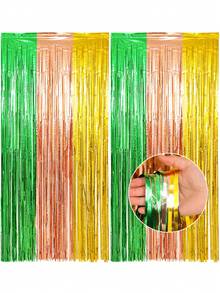 2pcs Pink, Green, Gold Fringe Curtain, Hawaiian Theme Tassel Curtain, Hawaiian Theme Party Backdrop Decoration, Hanging Decor, Summer Party Supplies, Photo Booth Props, Suitable For Birthday, Wedding, Bridal, Baby Shower, Anniversary, Summer Decor, Room, Home - Multicolor - View 4