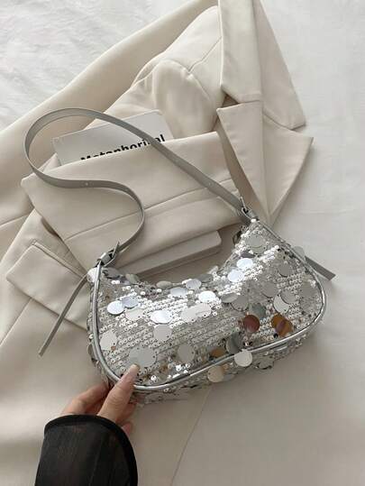 Sequin Patchwork Crescent Shoulder Bag, Crossbody Bag Suitable For Women To Attend Parties And Daily Use
