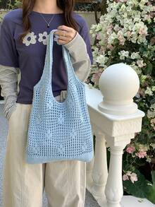 2026 New Loose Knit Woven Tote Bag, Large Capacity Commuter Casual Versatile Hollow Out Shoulder Bag, Summer - Baby Blue - View 4