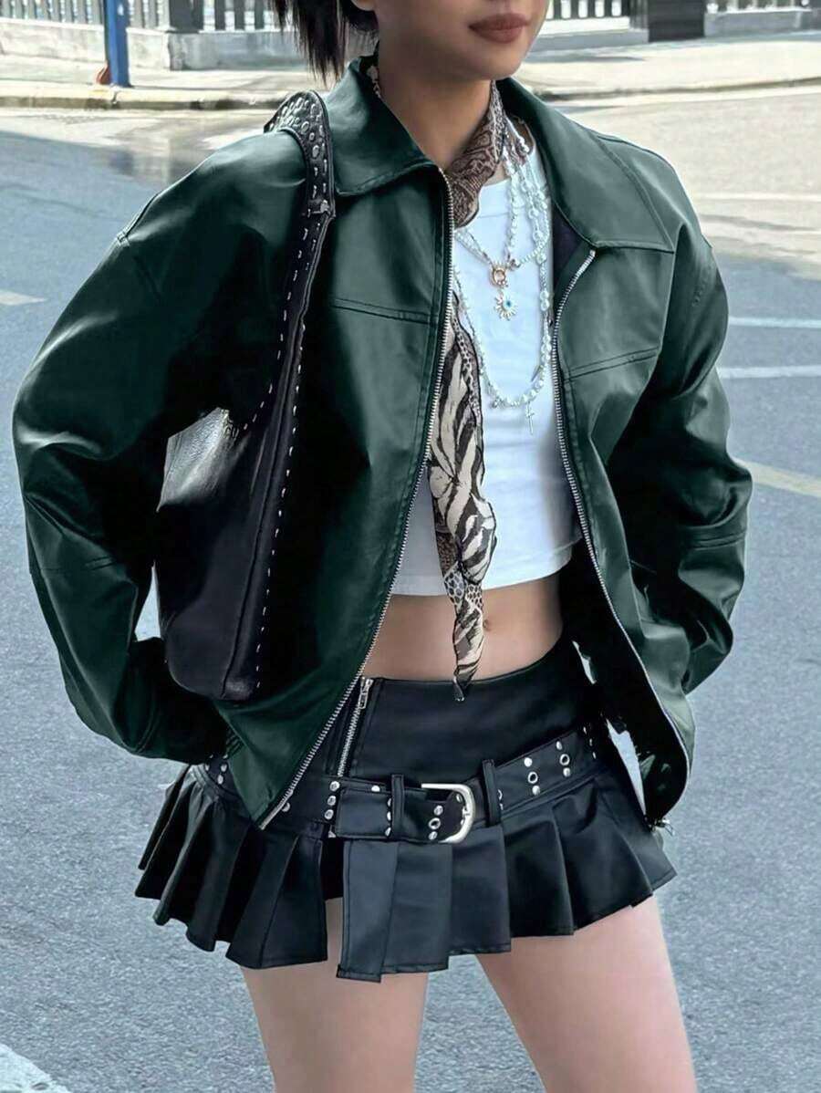 Edgy Biker Casual Loose Long Sleeve Leather Jacket For Women, Autumn/Winter Fall Cloth For Women - Dark Green - View 1