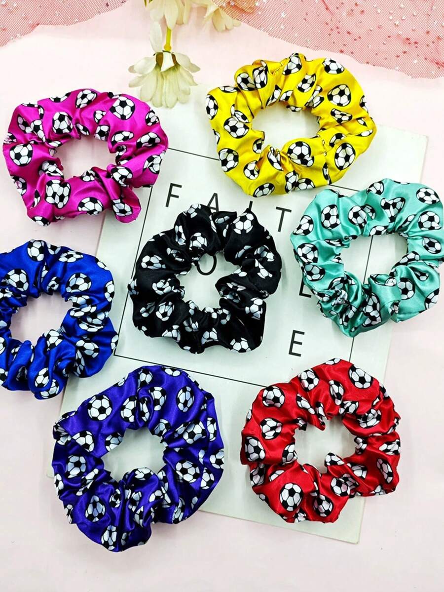5 piezas Scrunchies de seda con estampado aleatorio de fútbol de la Copa del Mundo, lazos de alta calidad para el cabello, adecuados para uso diario, sesiones de fotos, aficionados al deporte y animadoras, gran regalo para amigos, novias, cumpleaños, vacaciones, viajes y fiestas - Multicolor - Ver 1