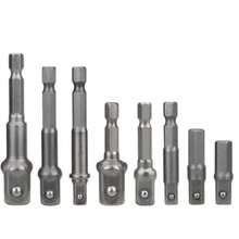 8件套强力钻头适配器套装，包括方形套筒适配器、六角柄钻头、方形螺母扳手、电动延长杆套装以及1/4英寸、3/8英寸和1/2英寸钻头。 - 8件 - 查看 8