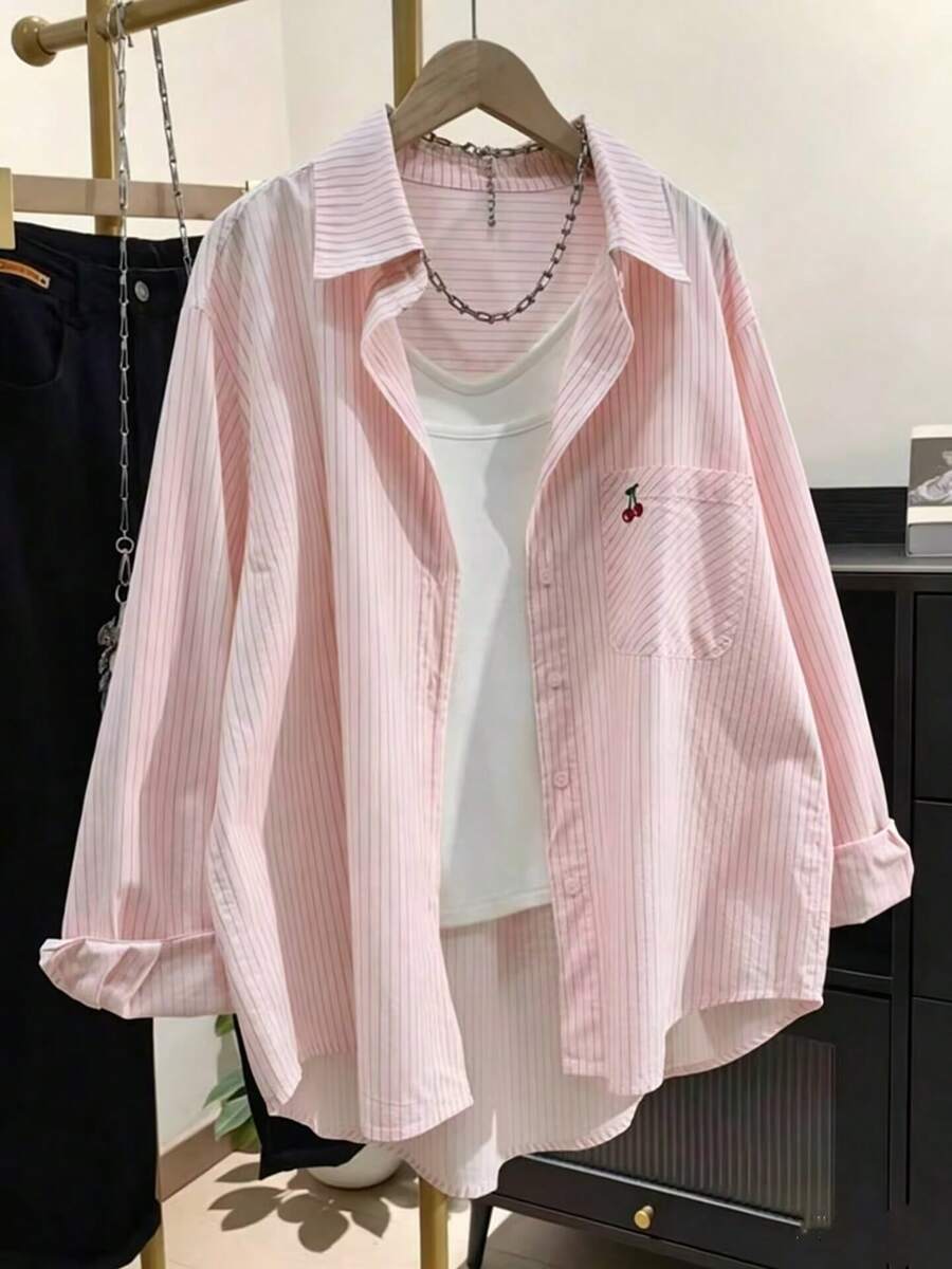 Women's Solid Color Pocket Embroidery Button Casual Shirt Summer - Light Pink - View 1