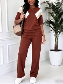 Bộ đồ nữ mùa xuân/hè mới gồm áo thun ngắn tay cổ tròn phối màu tương phản và quần ống rộng cạp chun, kiểu dáng thanh lịch, phù hợp mặc đi làm và ở nhà, giúp thon gọn và tôn dáng, thích hợp cho thể thao, hàng ngày, dạo phố, tập luyện, trang phục sân bay và du lịch thoải mái. - Nâu đỏ - Xem 4