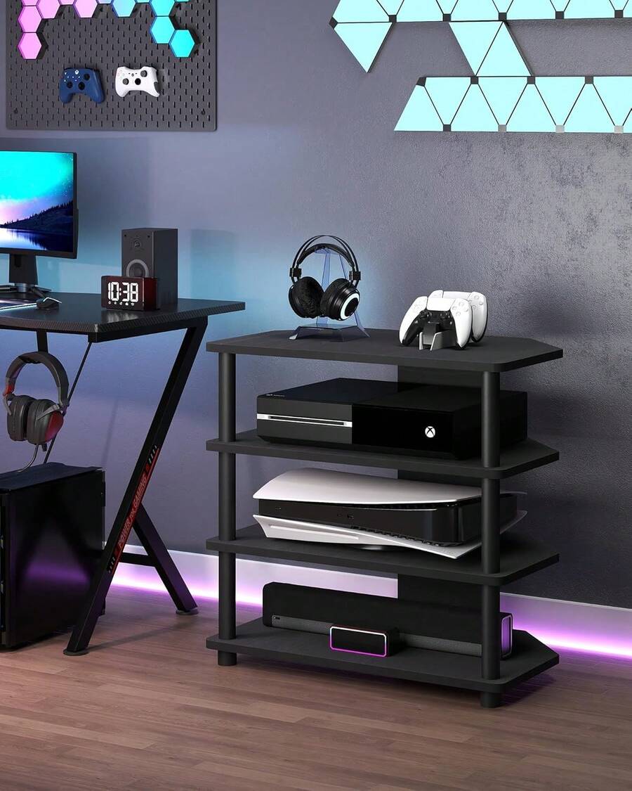 4-Tier Game Console Stand, Media Table With Open Storage, Small Entertainment Stand For Living Room Bedroom, Holds TV Up To 32" - Gỗ đen - Xem 1