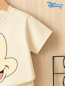 Disney 2pcs Summer Baby Boys' Newborn Mickey Mouse Big Head Print Cute Short Sleeve T-Shirt And Shorts Set, Solid Color Cartoon Pattern, Stretchy, Suitable For Newborn Infants Daily Wear, Great Gift - Apricot - View 4