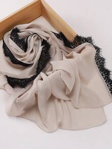 1pc Breathable Solid Color Fashion Headscarf With Contrast Lace, Elegant Versatile, Suitable For Casual Daily Life In Spring/Summer - Apricot - View 3