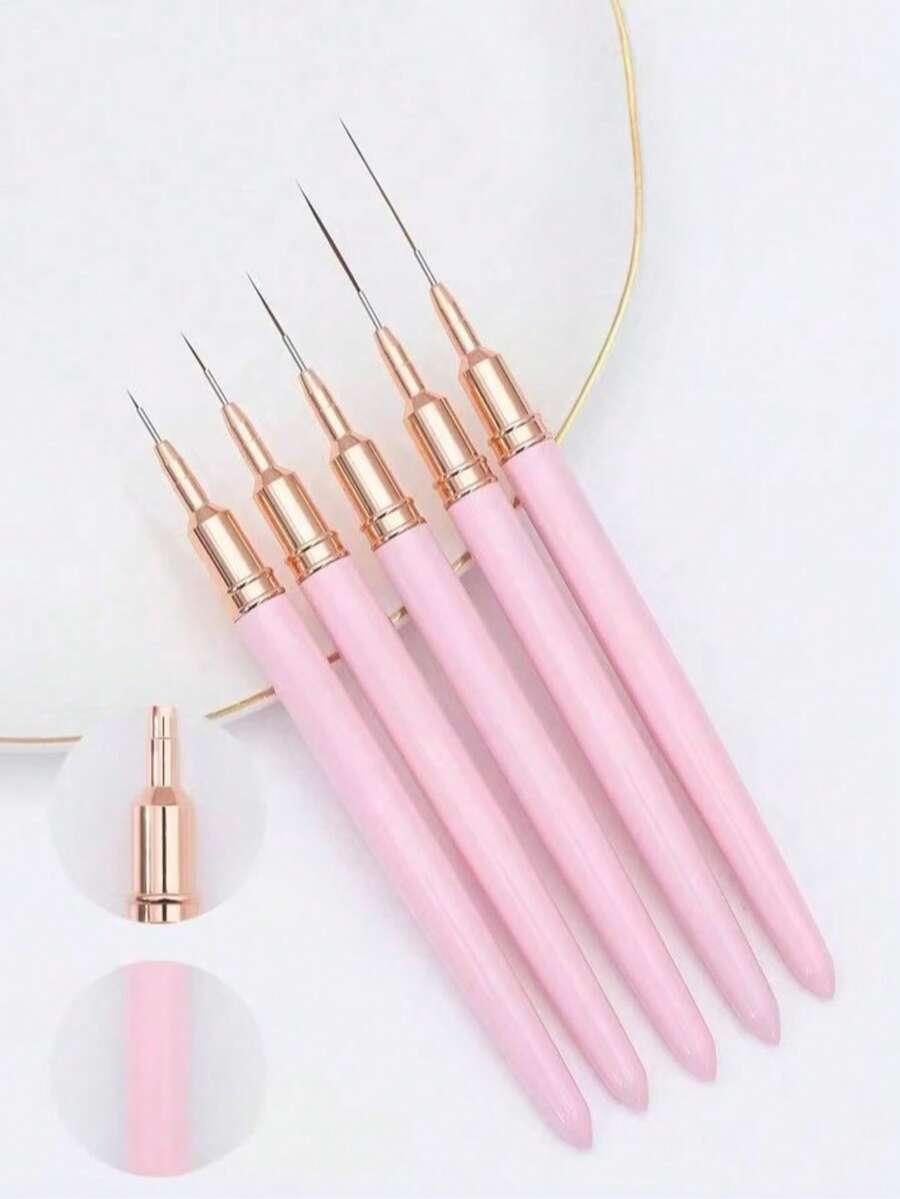 5支金属柄美甲笔套装，美甲绘画笔，美甲设计笔，美甲绘图工具，适合家庭和专业美甲沙龙使用 - 淺粉色 - 查看 1