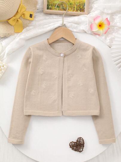 Áo khoác cardigan/khăn choàng dệt kim màu trơn, cổ tròn, cài một nút, thêu họa tiết lá và nơ, thanh lịch dành cho bé gái, thích hợp mặc ở nhà, đi chơi hoặc làm quà tặng Eid Al-Adha.