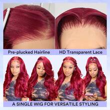 200% Density 99j Burgundy Color Long Body Wave Human Frontal Hair 13X4 Invisible HD Full Lace Frontal Wigs For Women Pre Plucked Large Area Lace Front Wig Super Soft Daily Party Wigs Blended Hair Natural Hairline - SBUG - View 5