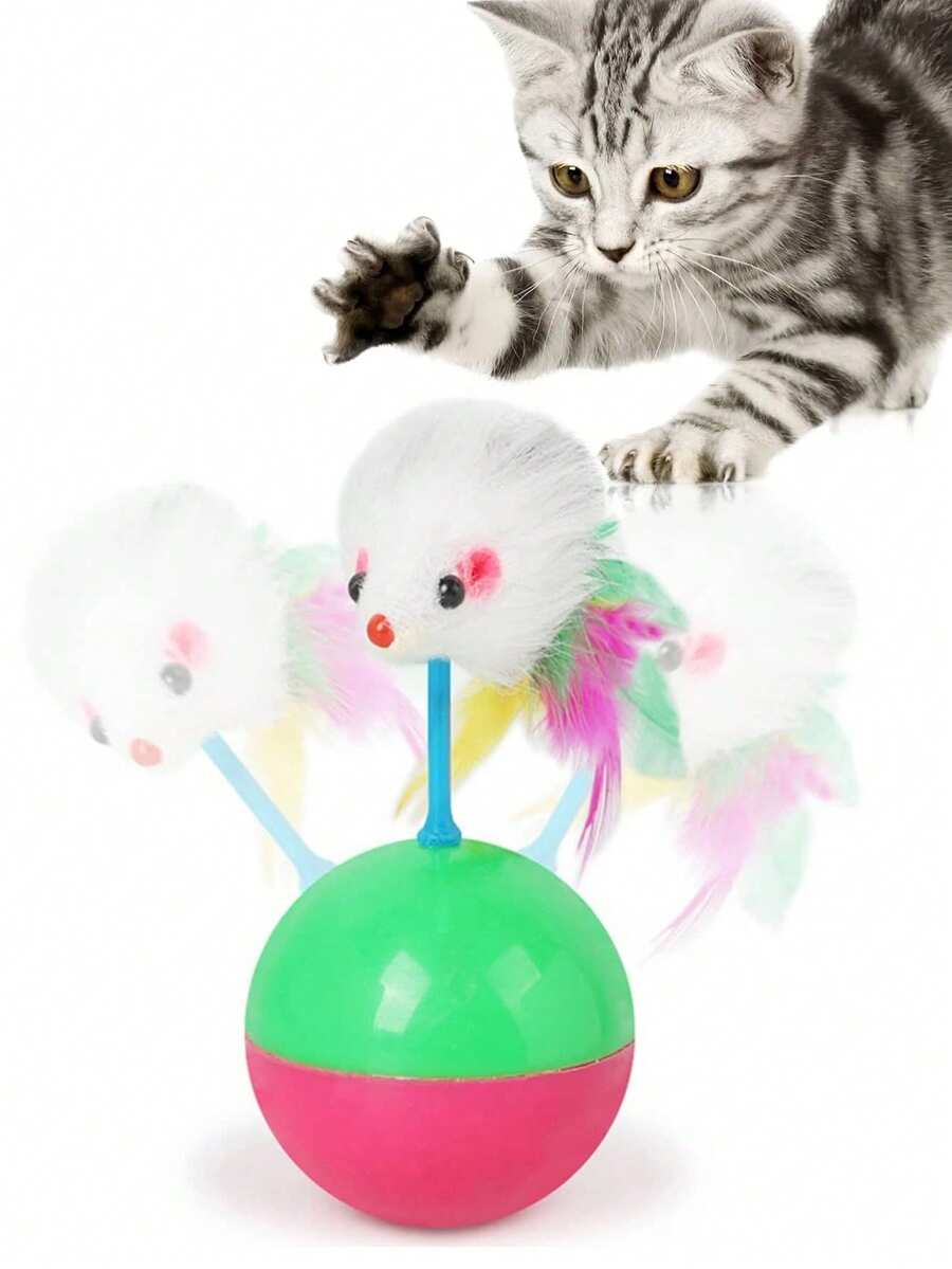 Random Color & Style Plush Tumbling Mouse Cat Toy, Feather Wand Pet Interactive Toy