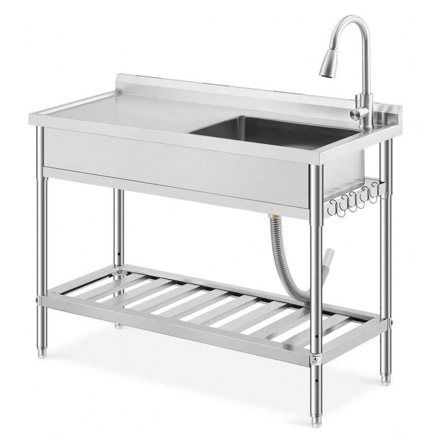 Lavabo utilitario independiente de acero inoxidable – Con uno o dos tazones y grifo – Tablero de drenaje, estantes de almacenamiento, patas ajustables a prueba de óxido – Para restaurante, cocina, lavandería, uso interior y exterior - Plataforma izquierda, tazón individual derecho - Ver 1