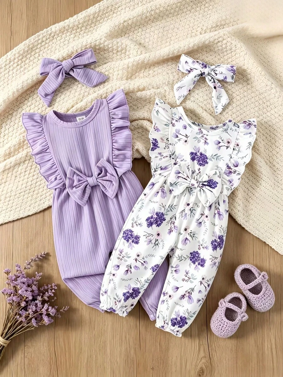 4pcs/Set Baby Girls' Summer Solid Color Ruffle Trim Bow Romper & Solid Color Bow & Floral Print Bow Romper Combination Set - Multicolor - View 1